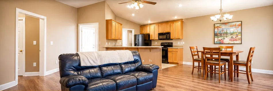 Open living room, kitchen and dining area with wood-look flooring